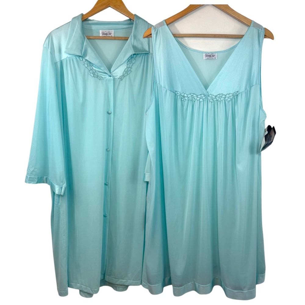 NWT Vintage Vanity Fair 2PC Robe Nightgown Set 2XL Azure Blue Plus Size Romantic